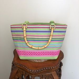 NWOT Stripped pastel canvas bag w/ bamboo handles.